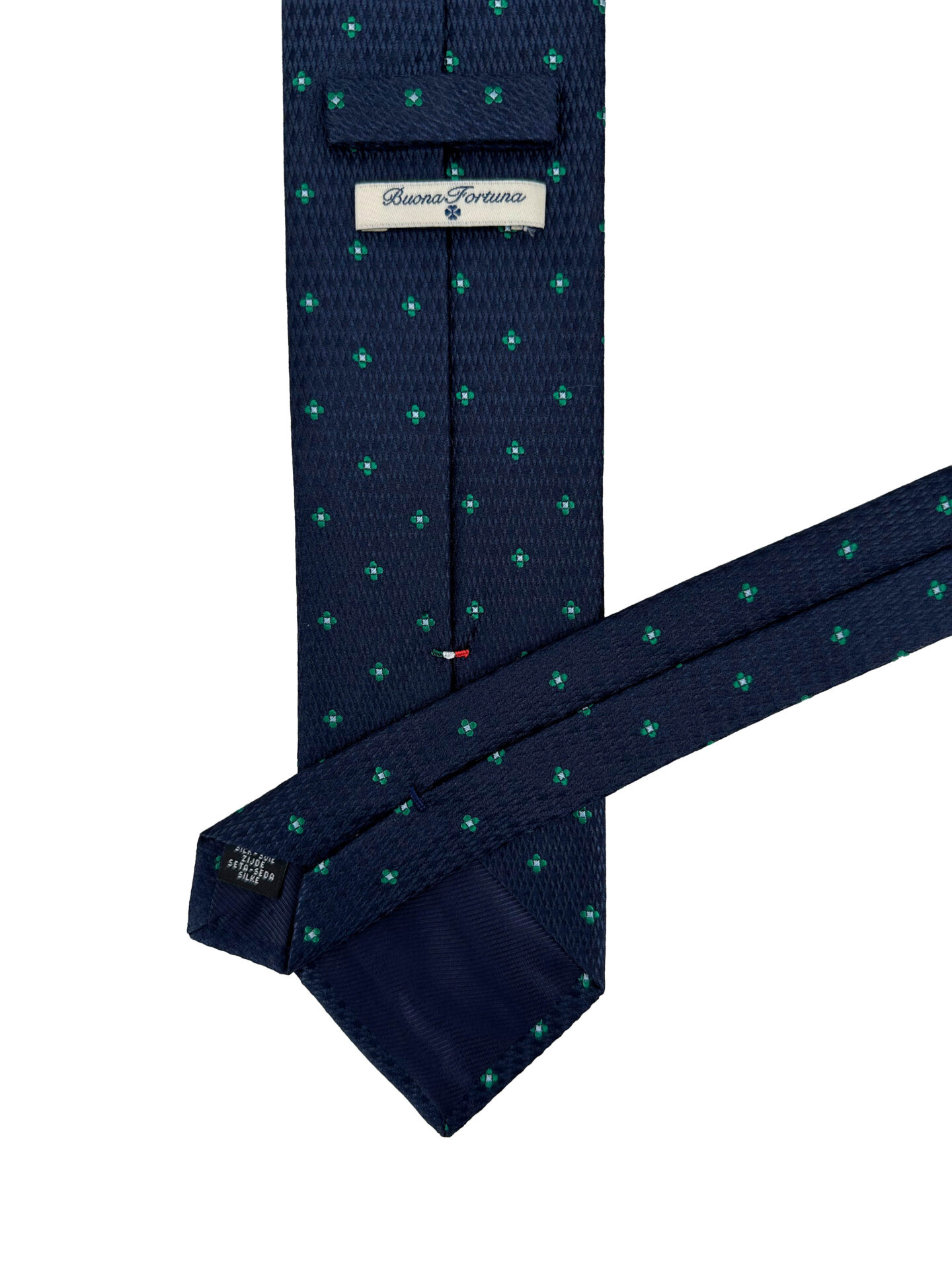 Corbata Tejida Azul Marino con Motivos Verdes y Blancos