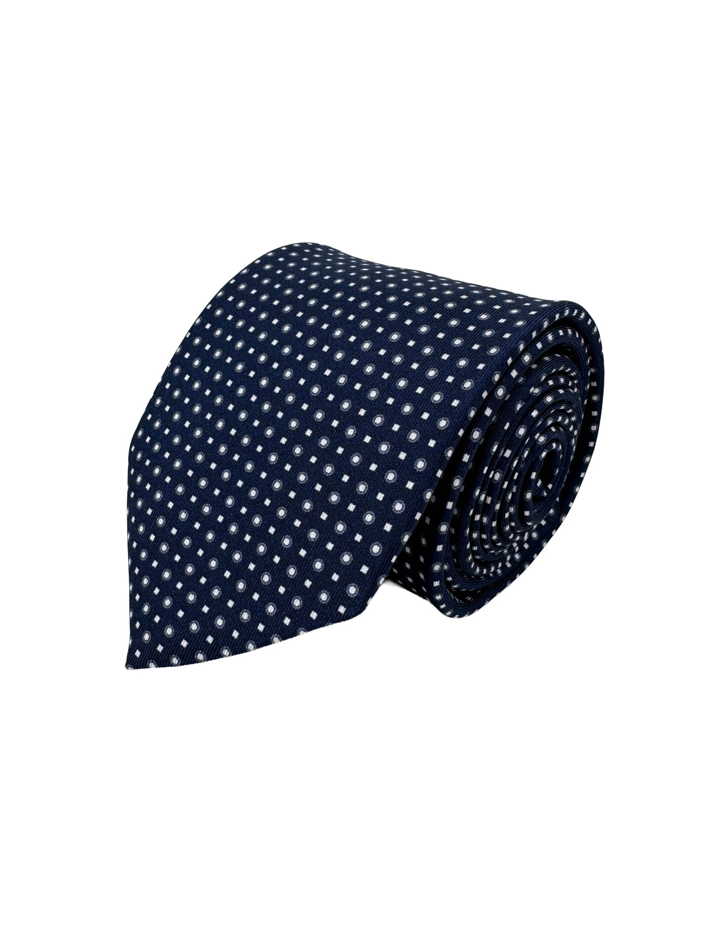 Corbata twill fondo azul marino estampada con mini cuadros y mini círculos blancos
