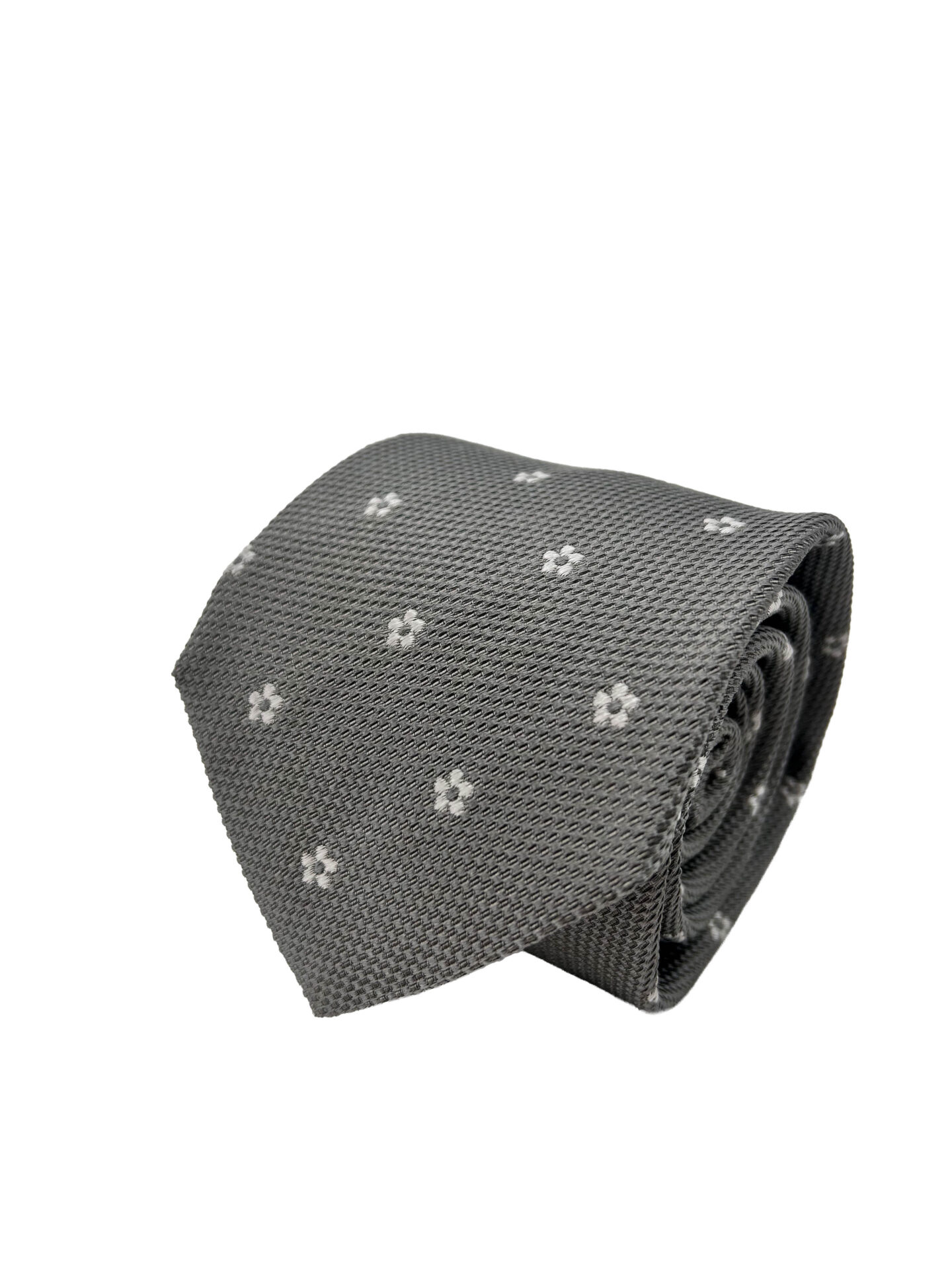 Corbata Cravatta Jacquard Gris con Motivos Florales Blancos