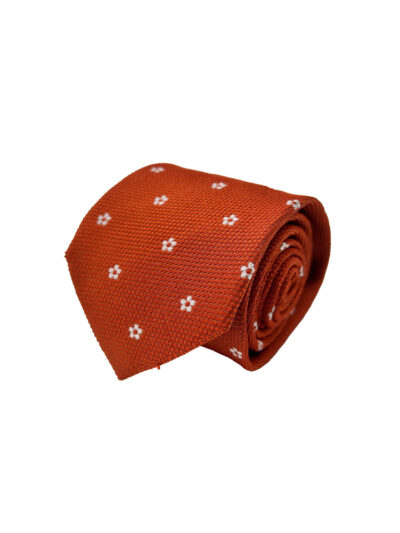 Corbata Cravatta Jacquard Naranja Quemado con Motivos Florales Blancos