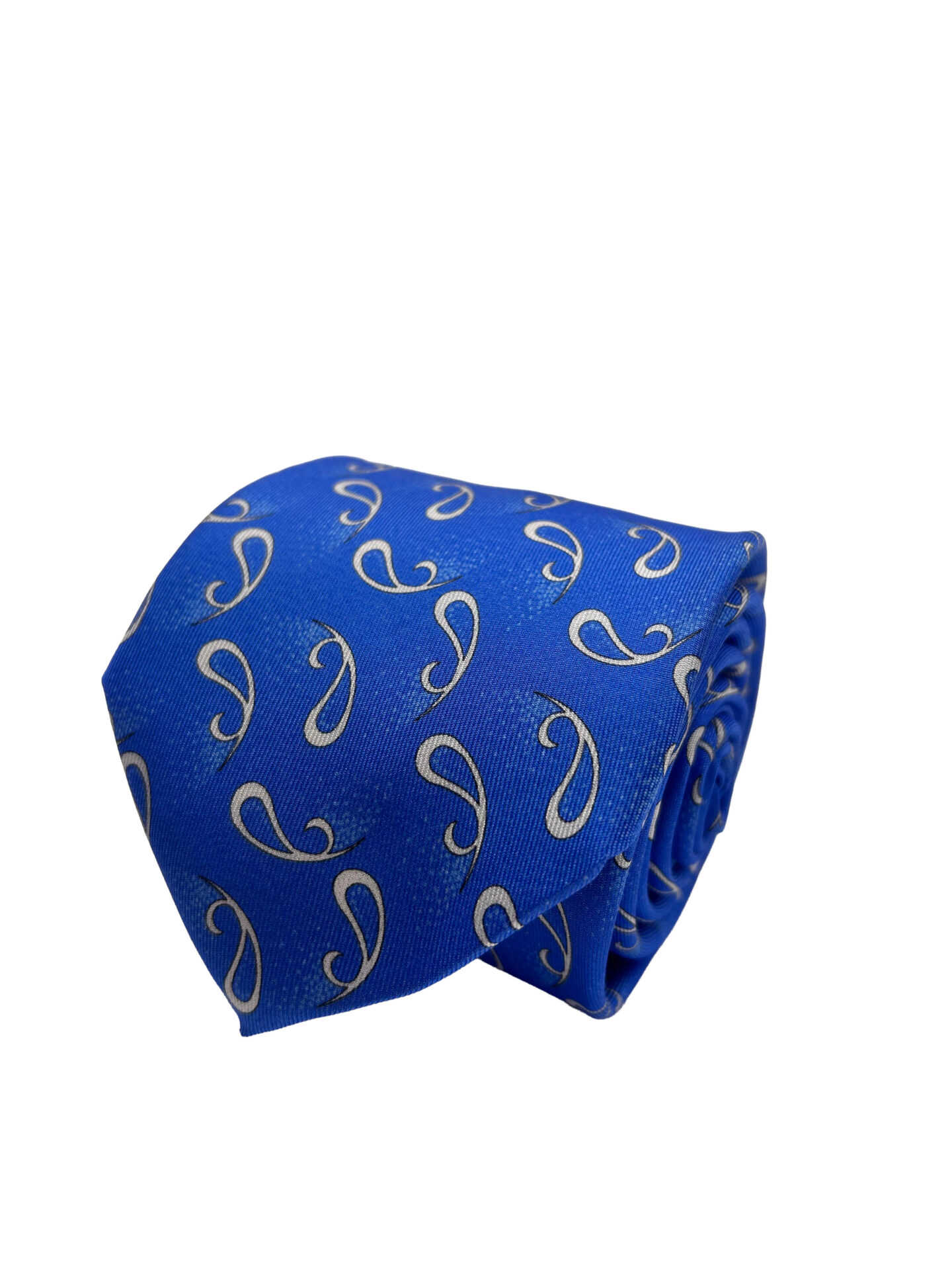 Corbata Estampada Twill Azul con Patrón Paisley Blanco