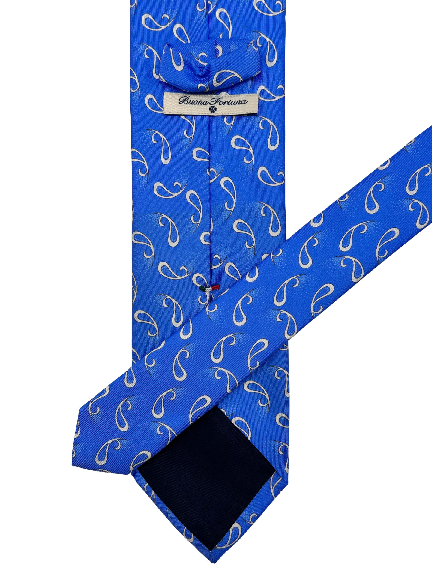 Corbata Estampada Twill Azul con Patrón Paisley Blanco