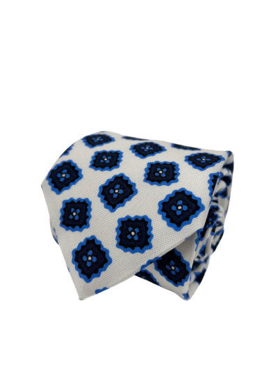 Corbata Estampada Twill Blanca con Motivos Geométricos Azules