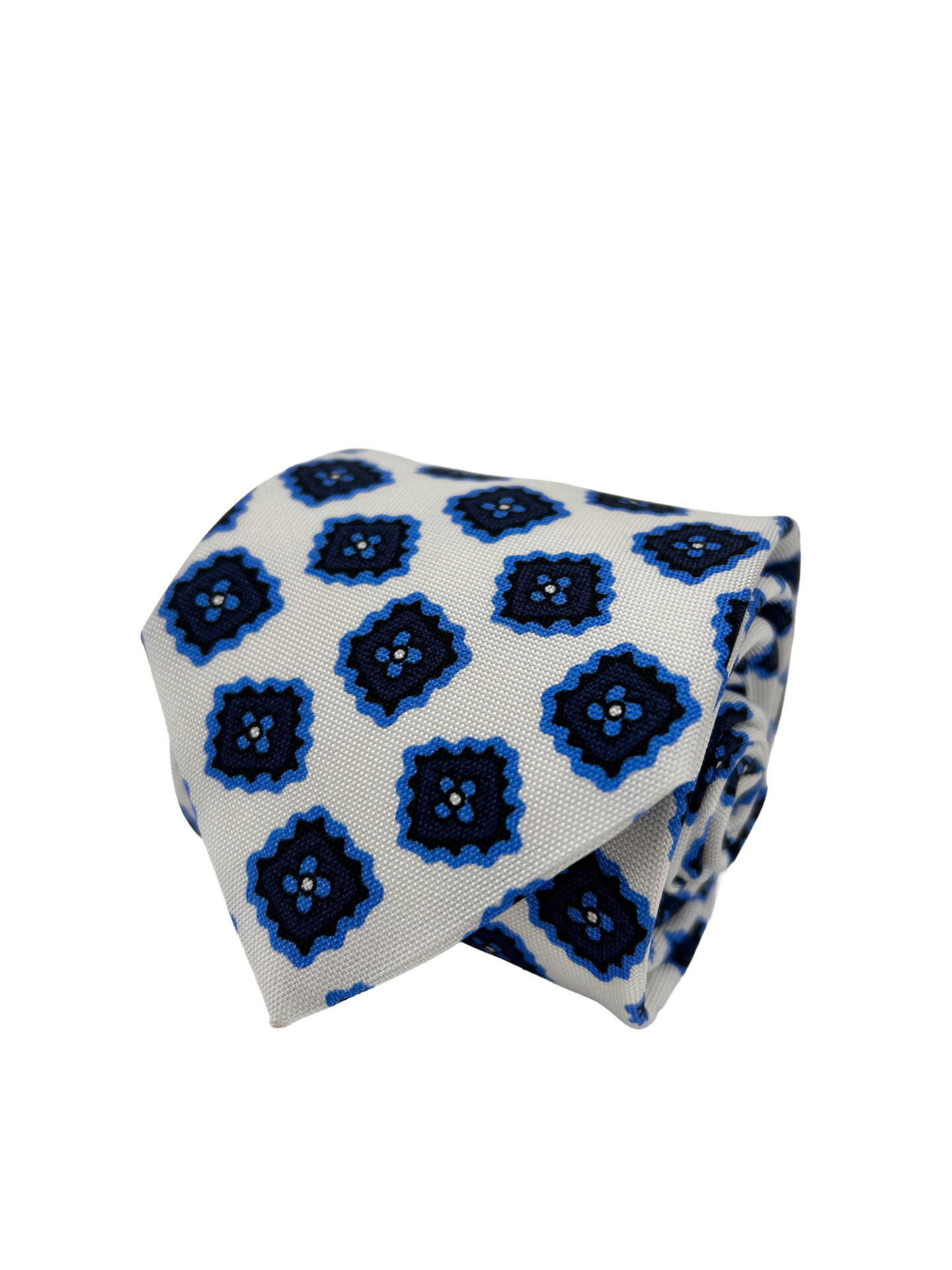 Corbata Estampada Twill Blanca con Motivos Geométricos Azules