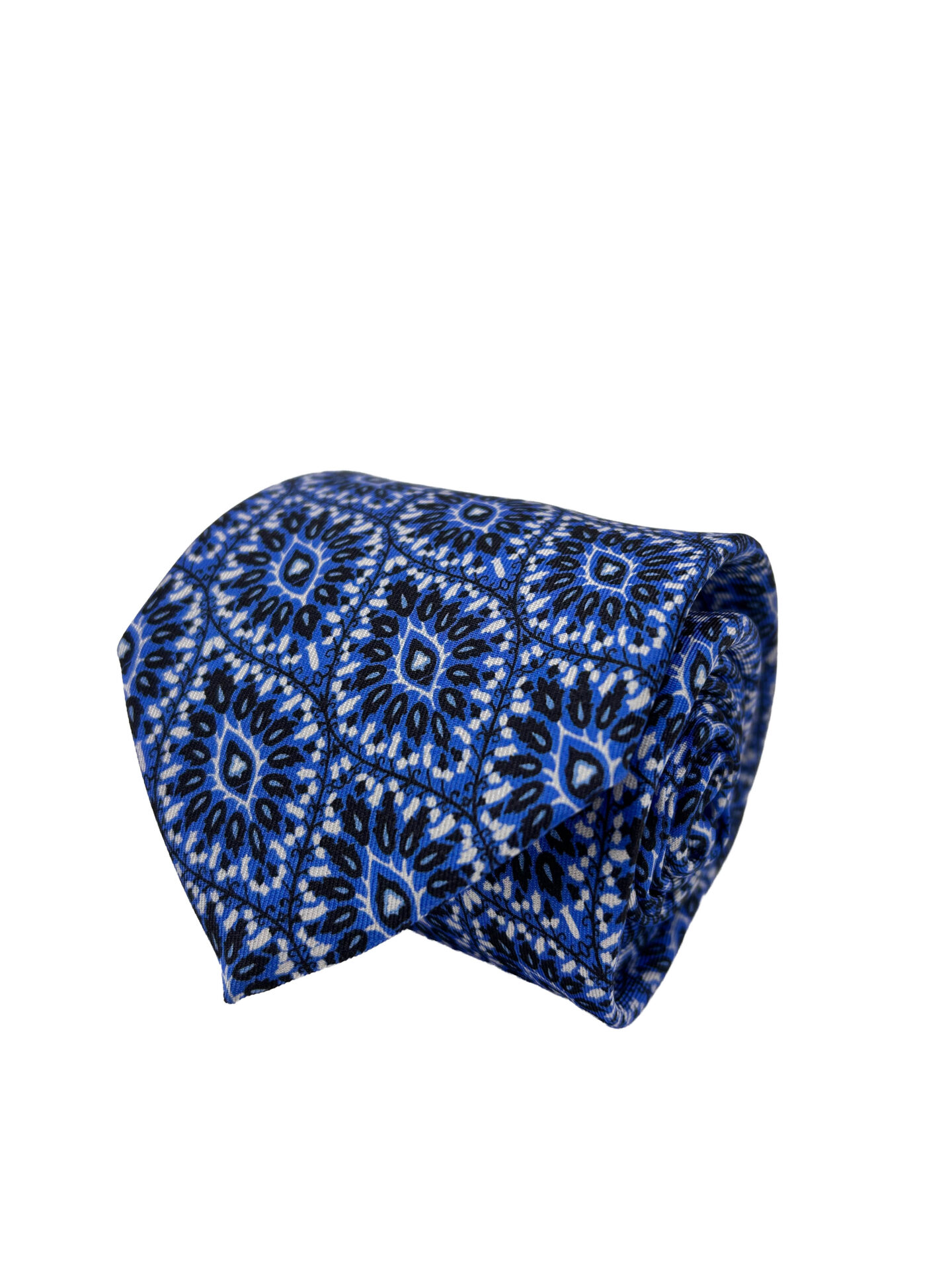 Corbata Estampada Twill Azul y Negra con Motivos Geométricos