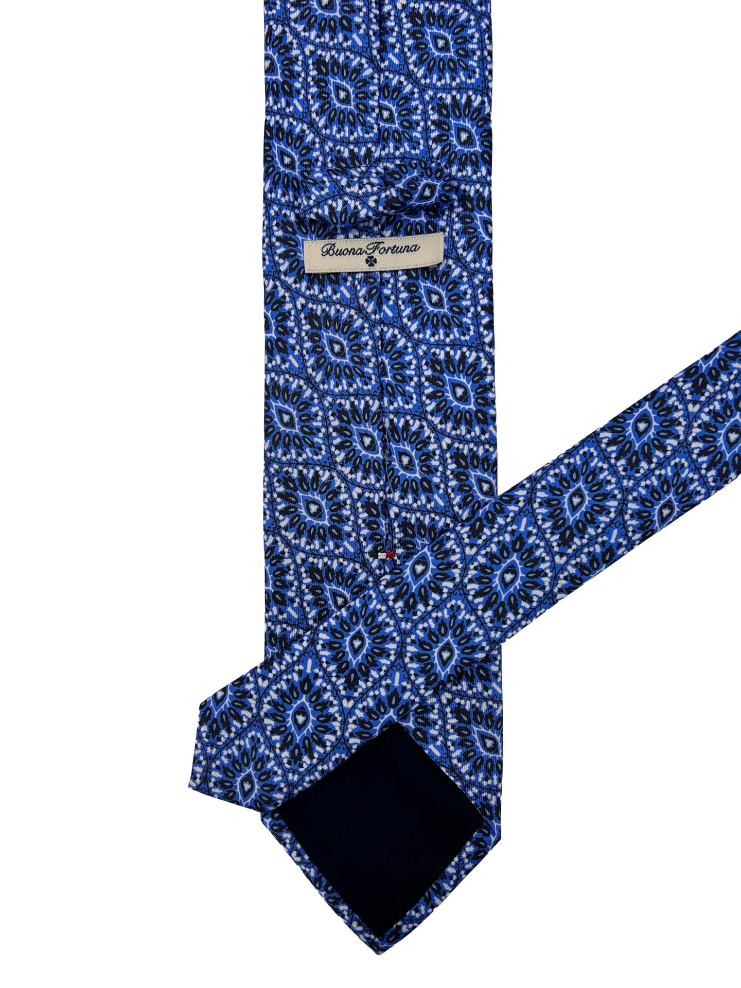 Corbata Estampada Twill Azul y Negra con Motivos Geométricos