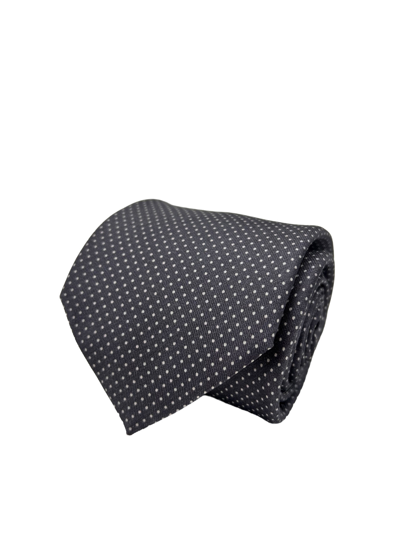 Corbata Estampada Twill Gris Oscuro Con Lunares Blancos