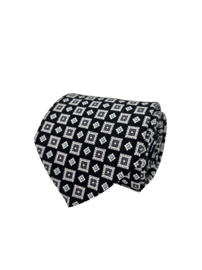 Corbata Estampada Twill Negra con Rombos Blancos y Grises