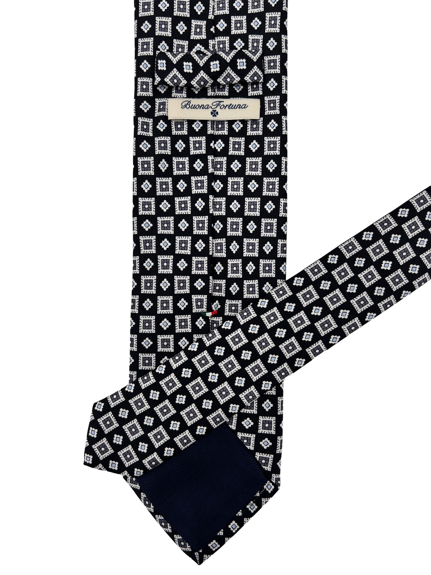 Corbata Estampada Twill Negra con Rombos Blancos y Grises