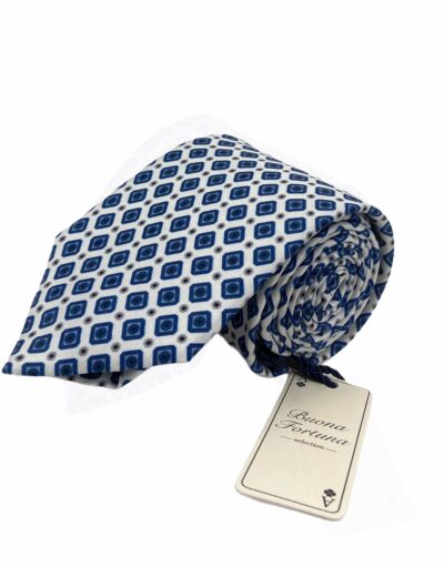 tienda online ropa hombre exclusiva corbatas ceremonia Corbata Estampada Twill Fondo Blanco Rombos Azules
