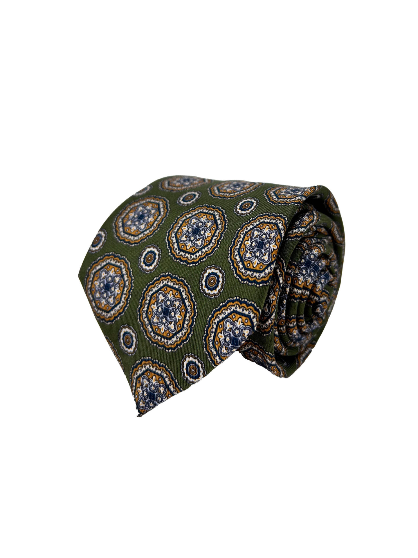 Corbata Estampada Twill Verde con Medallones Azul y Mostaza
