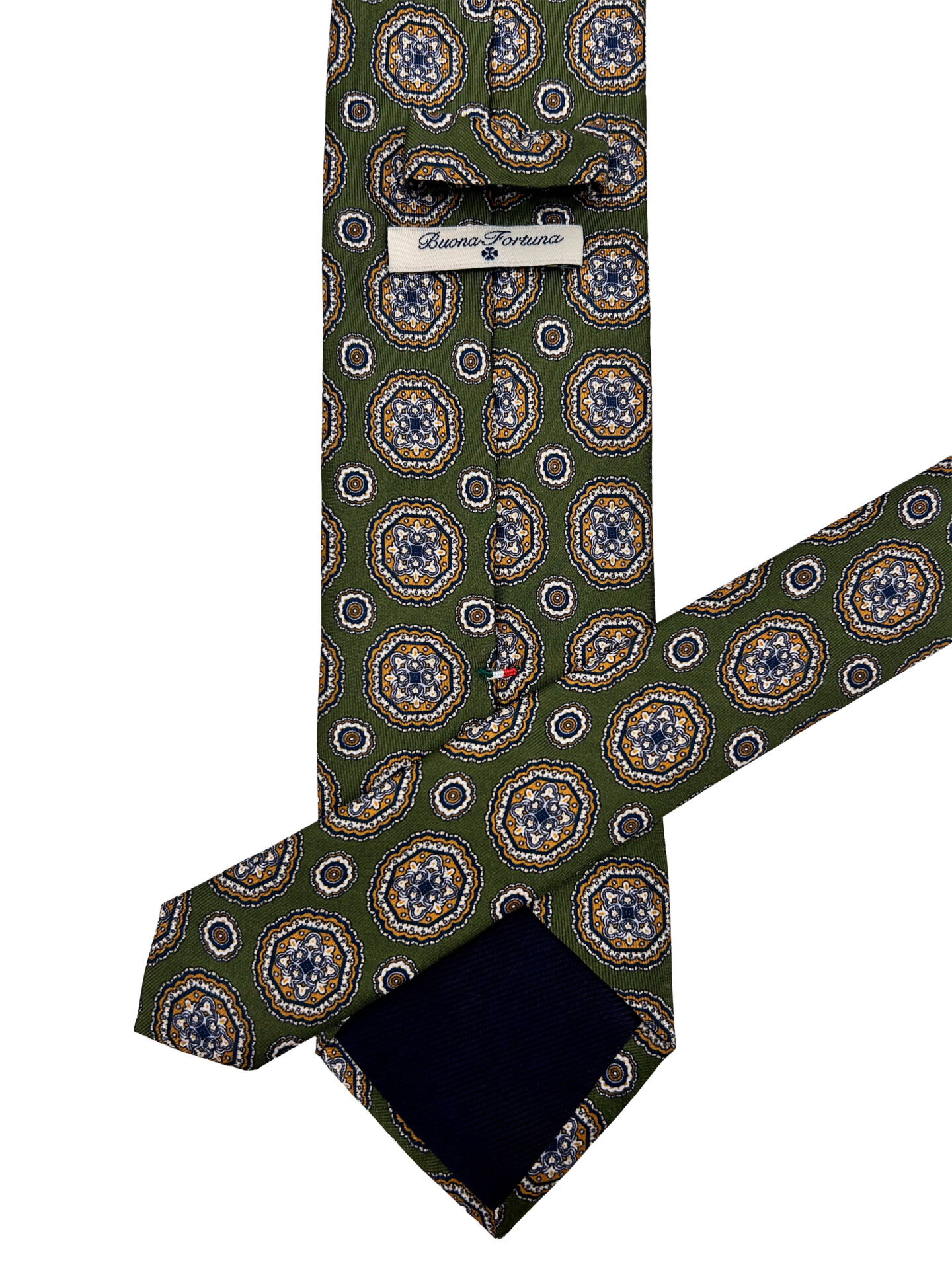Corbata Estampada Twill Verde con Medallones Azul y Mostaza