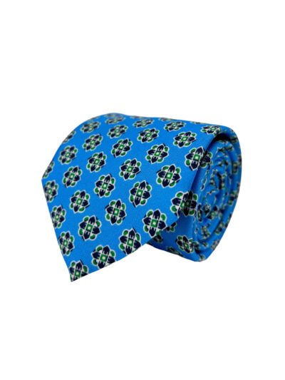 Corbata Estampada Twill Azul Flamingo con Verdes y Blancos