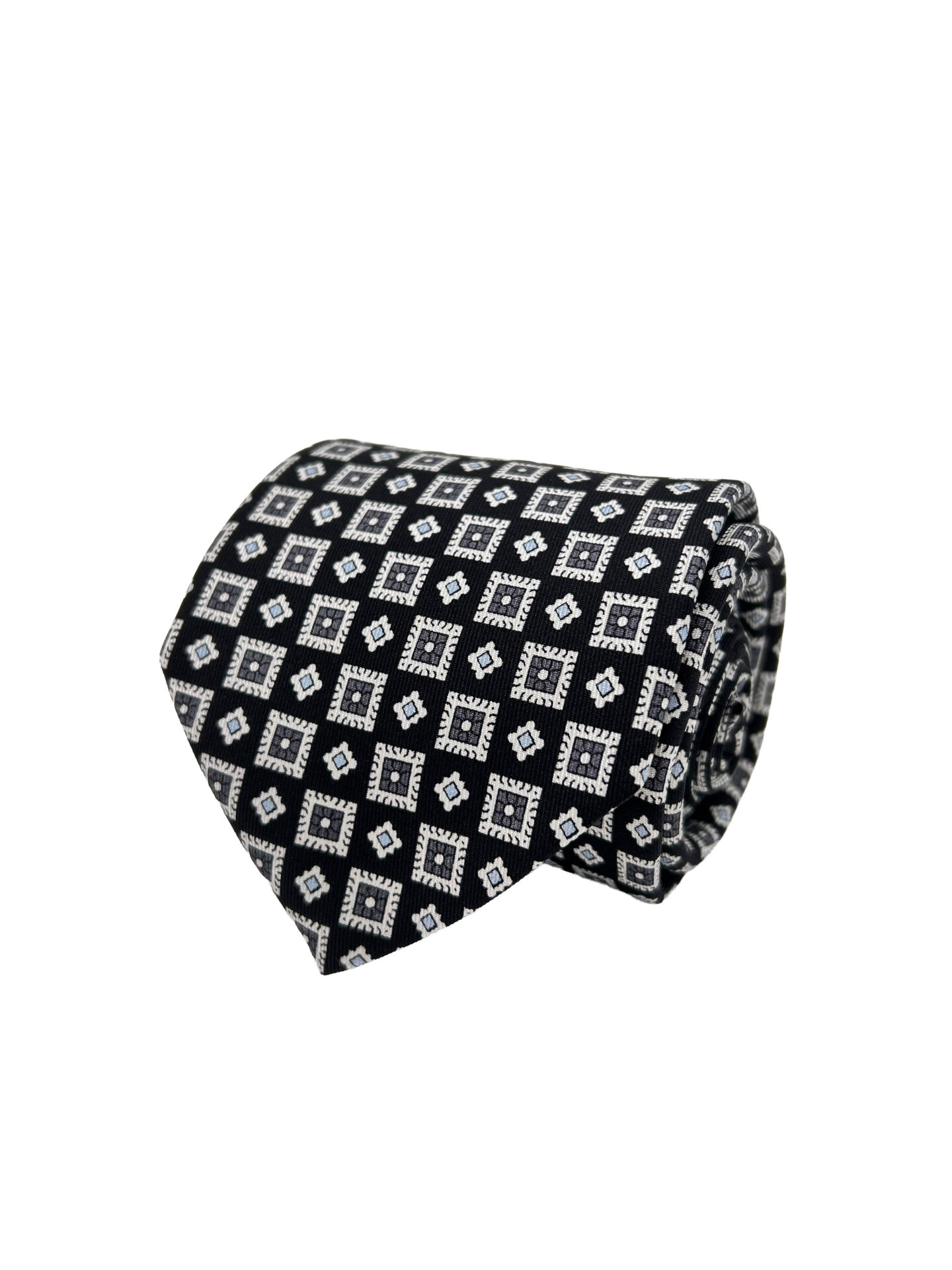 Corbata Estampada Twill Negra con Rombos Blancos y Grises